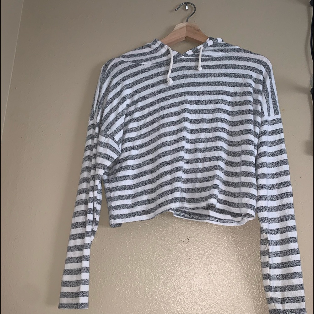 Gray and white striped cropped long sleeve hoodie